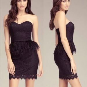 bebe Strapless Black Lace and Ostrich Feather Cocktail Dress, Size 2